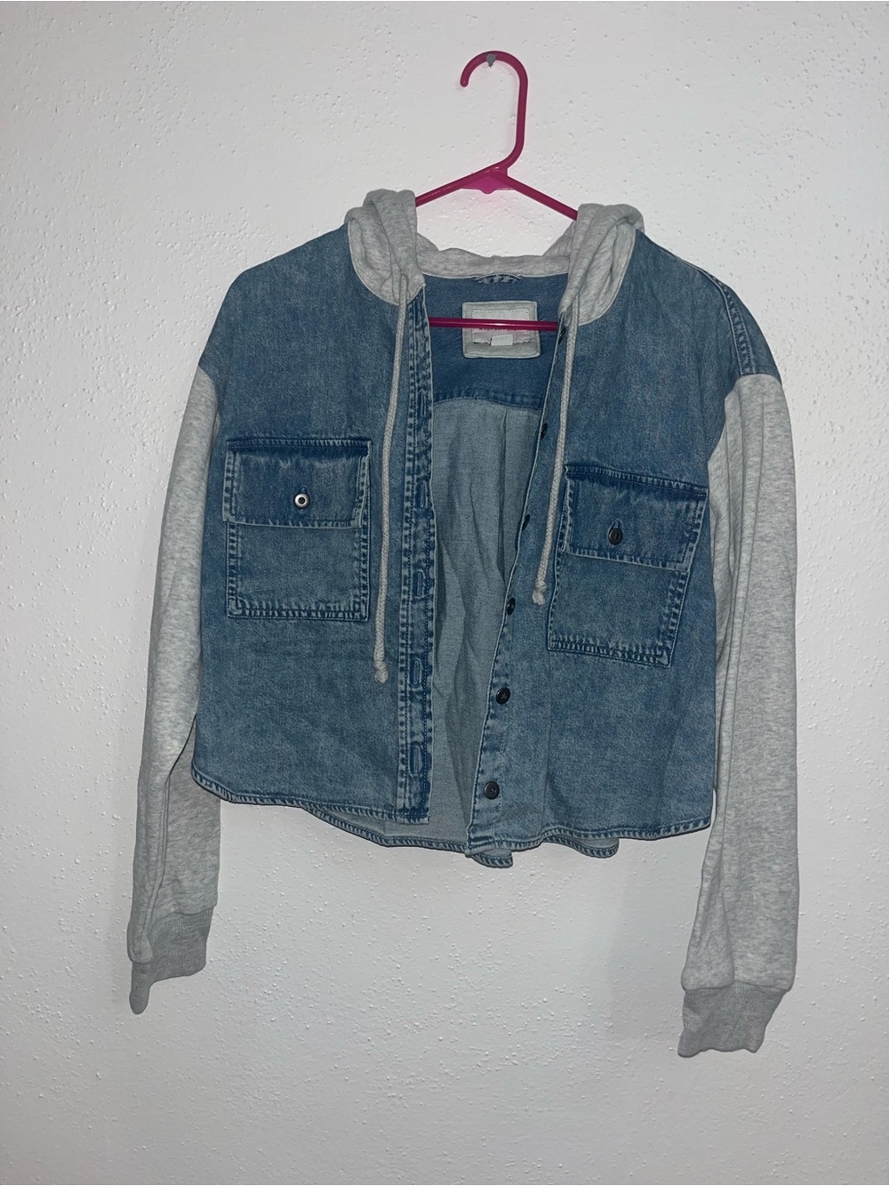 American Eagle Outfitters Blue Denim Jacket with Gray Hoodie Sleeves - Kids